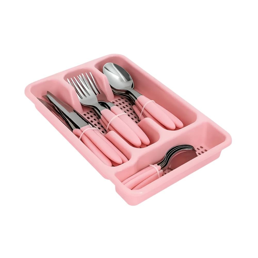 Conjunto de Talheres Rosa 25 Peças com Organizador - Jogo de Talheres Elegante e Durável