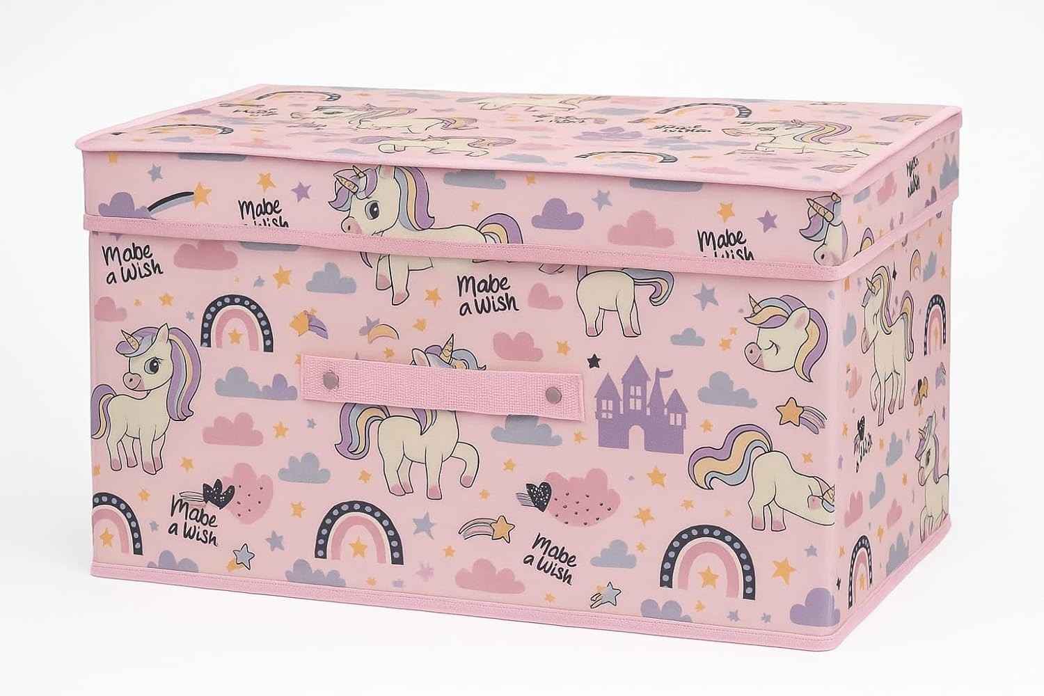 Caixa Organizadora Infantil com Tampa - Estampa Unicórnios Rosa, Dobrável para Brinquedos e Acessórios