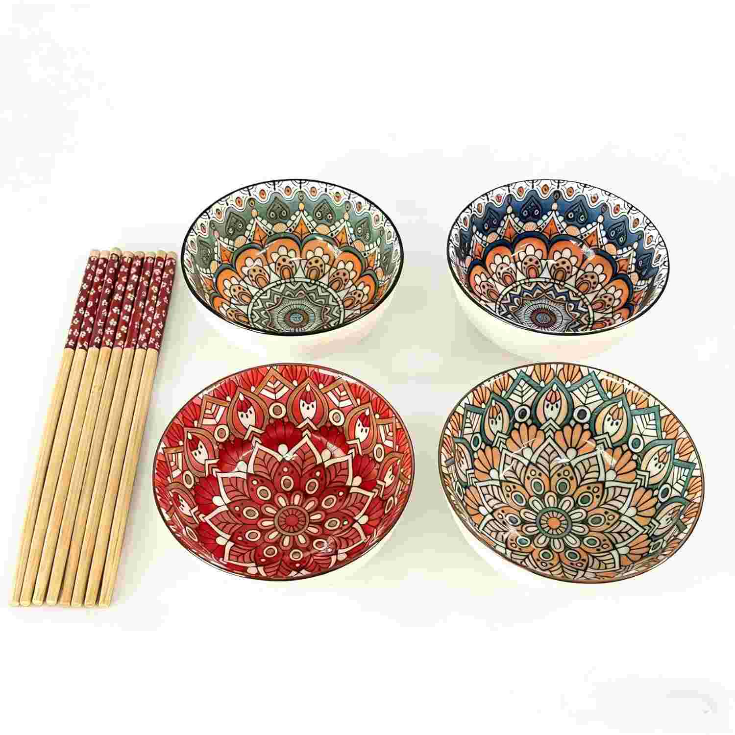 Jogo Oriental para 4 Pessoas - Bowl e Tigela em Porcelana com Hashi | Presente Elegante para Comida Asiática