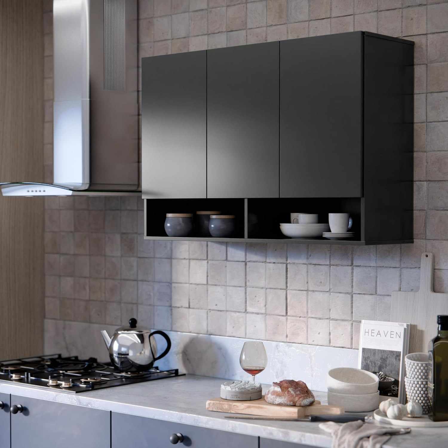 Armário Multiuso Aéreo 3 Portas Milão – Design Moderno para Cozinha, Quarto e Sala (Preto)