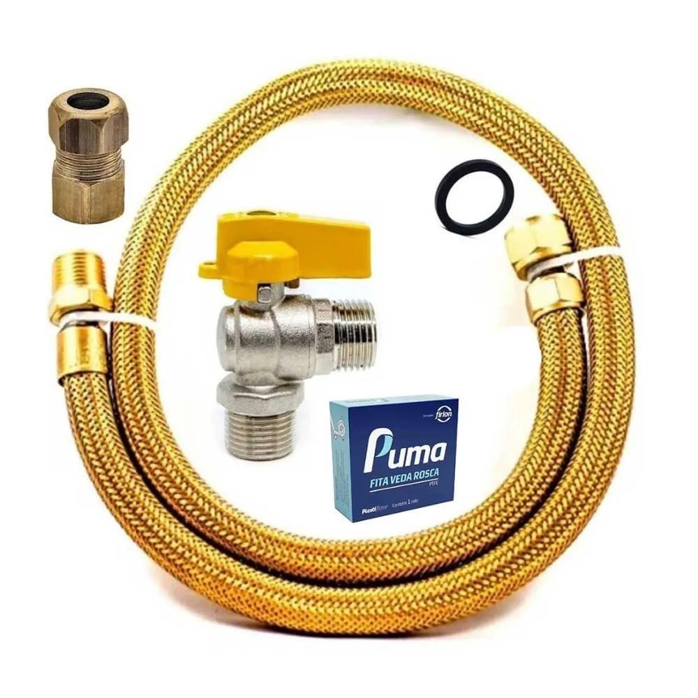 Kit Completo de Instalação de Gás com Mangueira Flexível em Latão 80cm - Registro e Adaptador Inclusos