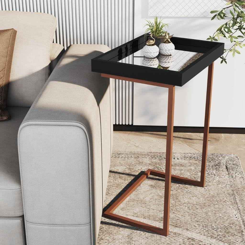 Mesa Lateral para Sofá com Bandeja Removível - Design Moderno em Preto e Bronze