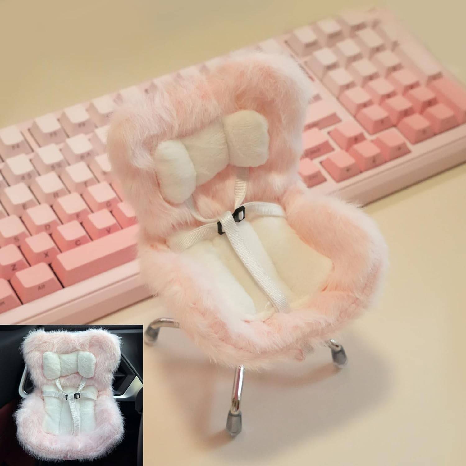 Mini Assento Carro Labubu: Clip Ventilação, Decoração Mesa e Cinto Segurança | Rosa Fofo