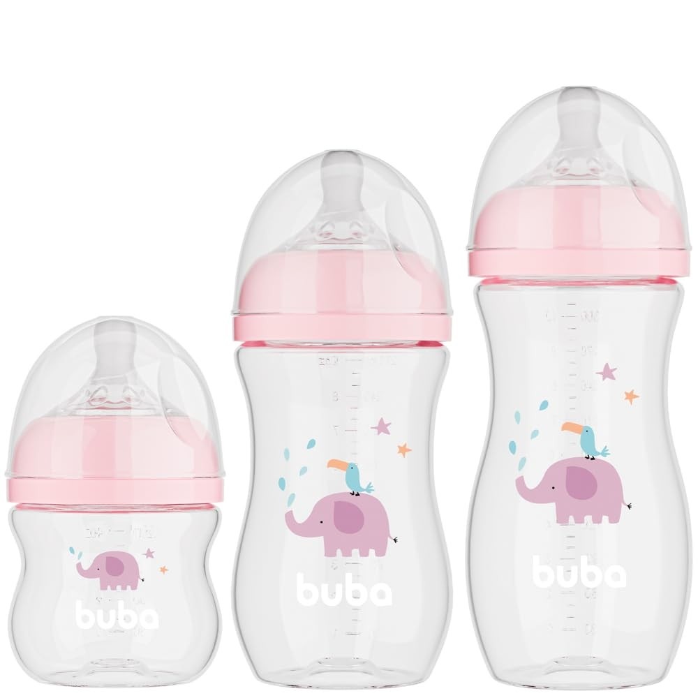 Kit 3 Mamadeiras Easy Flow Elefante Rosa 120/270/330ml - Sistema Anticólico Buba