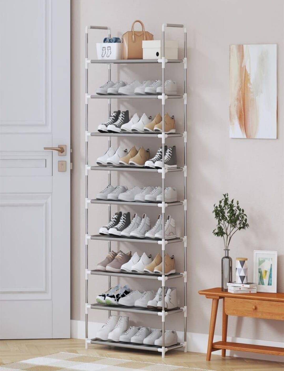 Sapateira Vertical Luxo em Aço Inox – 9 Prateleiras para 27 Pares de Sapatos