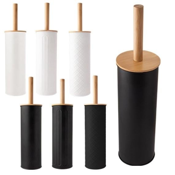 Escova Sanitária Moderna com Suporte em Ferro e Alça de Bambu - Design Minimalista em Preto