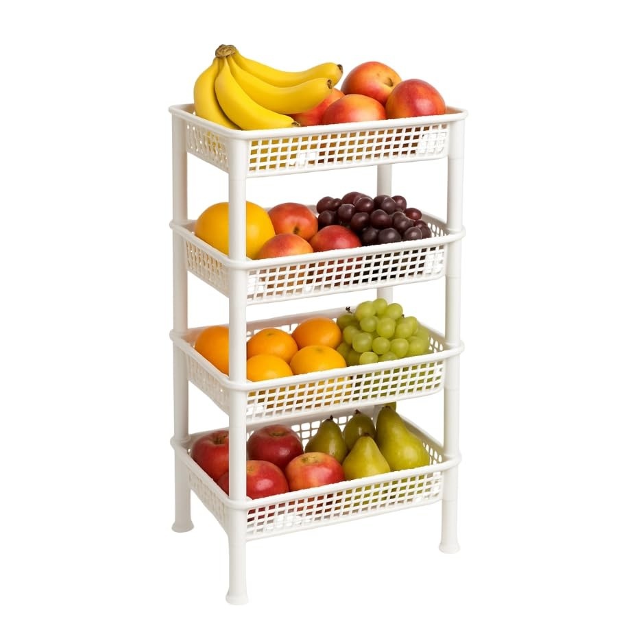 Fruteira Organizadora de Chão 4 Andares em Plástico Branco – Solução Moderna para Ambientes Organizados