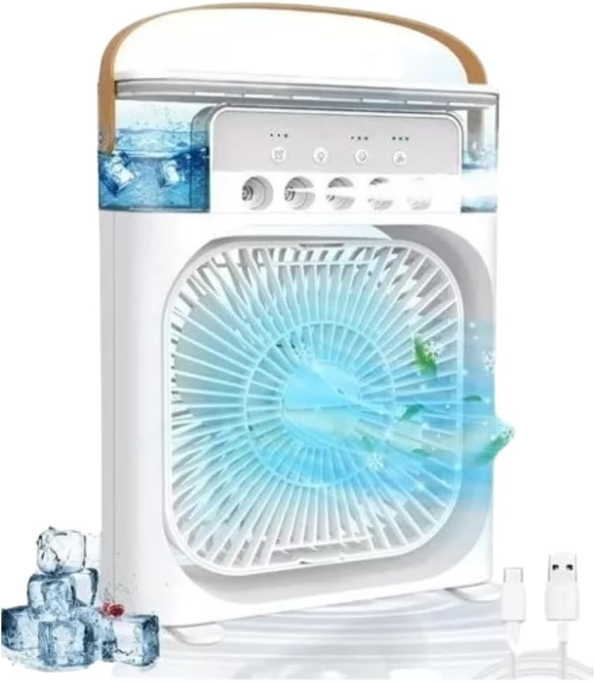 Ventilador de Mesa 4 em 1 com Umidificador e Aromatizador | LED RGB, 3 Velocidades, USB