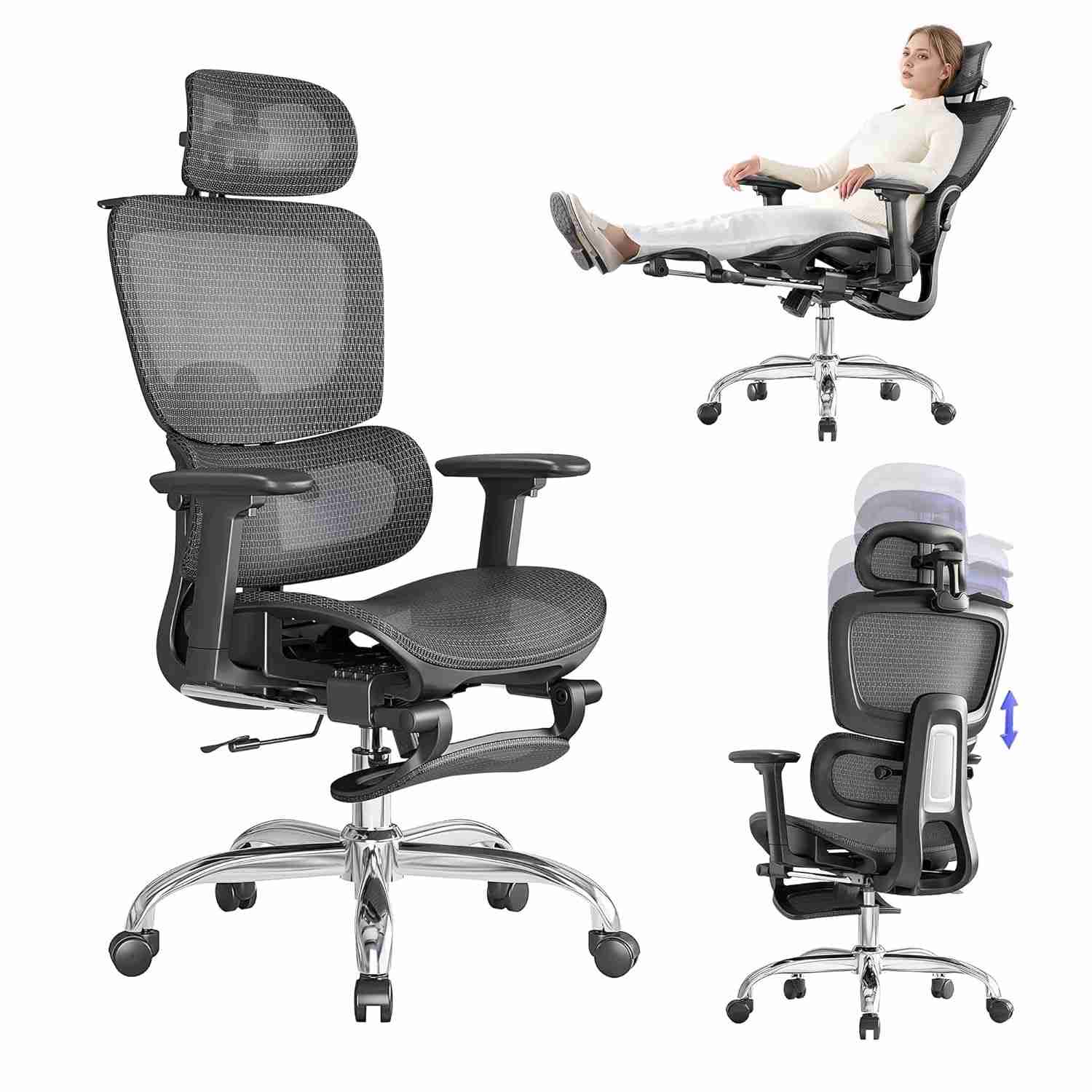 Cadeira Ergonômica de Escritório com Ajuste 3D, Encosto e Apoio Lombar Adaptativo, Malha Respirável