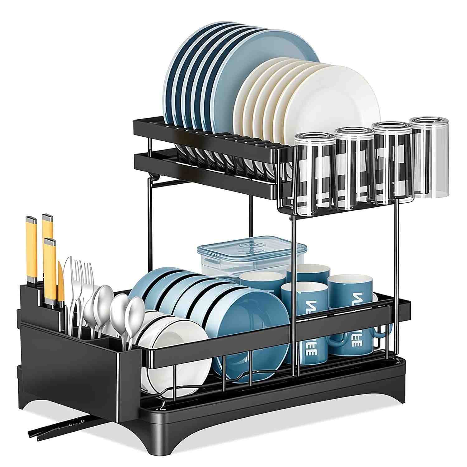 Escorredor de Louça Inox 2 Camadas com Suporte para Talheres e Drenagem Eficiente - Organizador de Cozinha Moderno