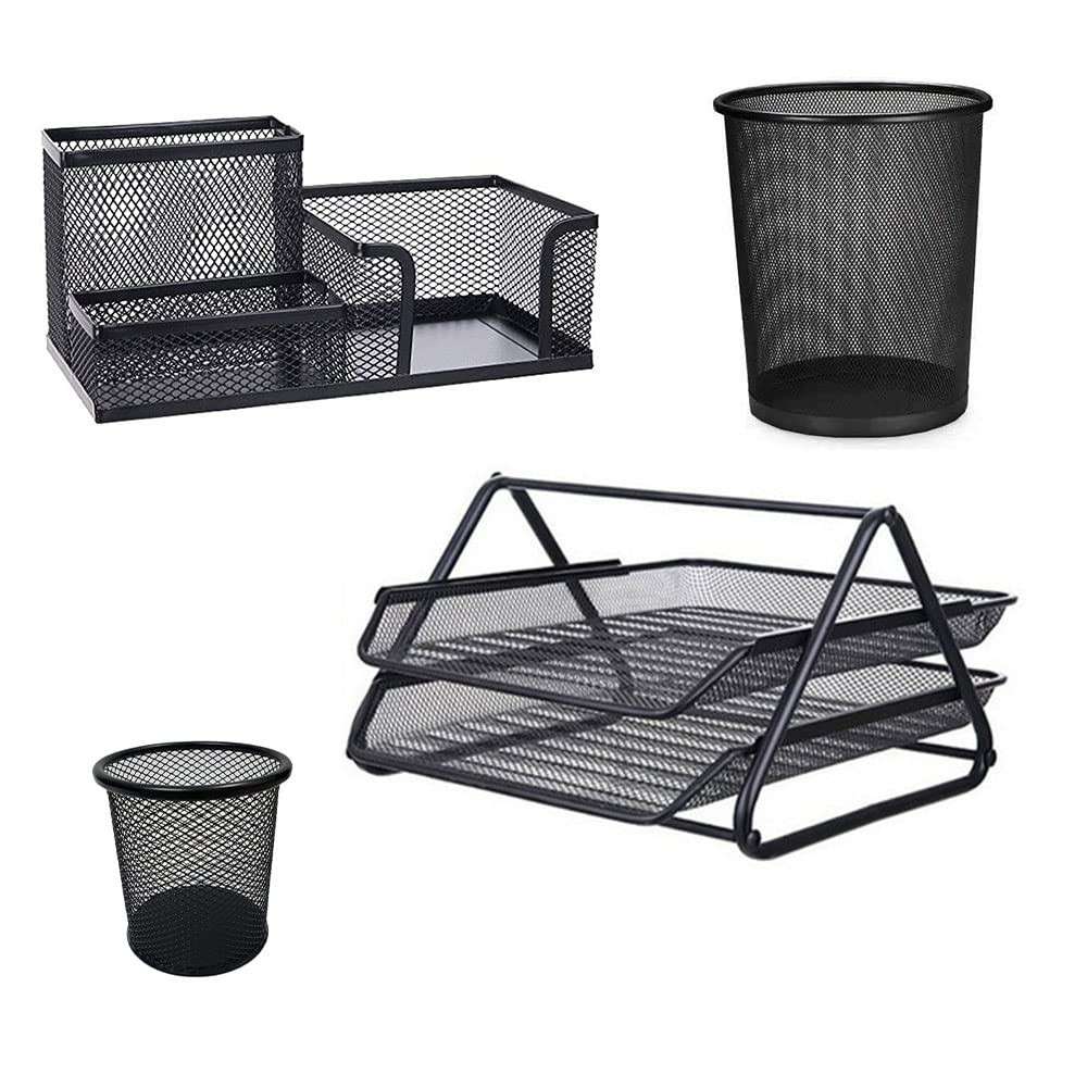 Kit Escritório Organizador 4 Itens - Bandeja, Lixeira, Porta Lápis e Documentos para Home Office
