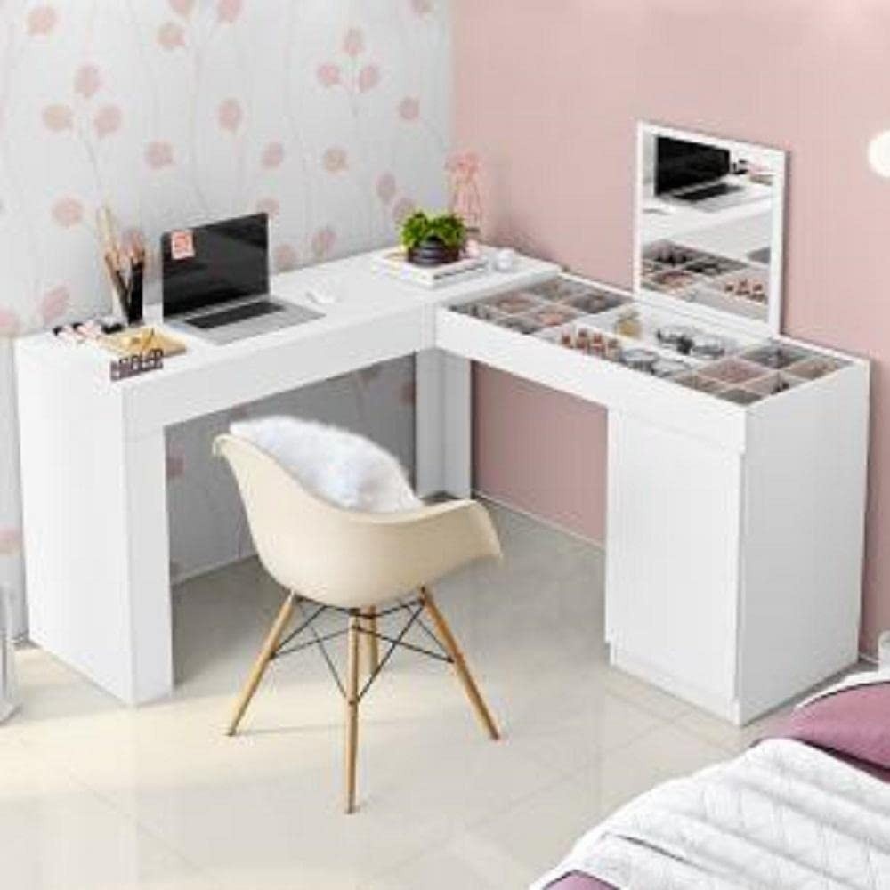 Escrivaninha com Penteadeira de Canto Star Branca – Design Moderno com Espelho e Acabamento Premium