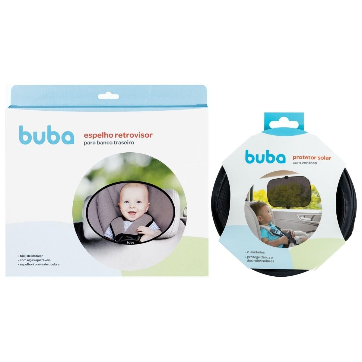 Kit Essencial: Espelho Retrovisor Bebê + Protetor Solar Buba para Cadeirinha no Carro