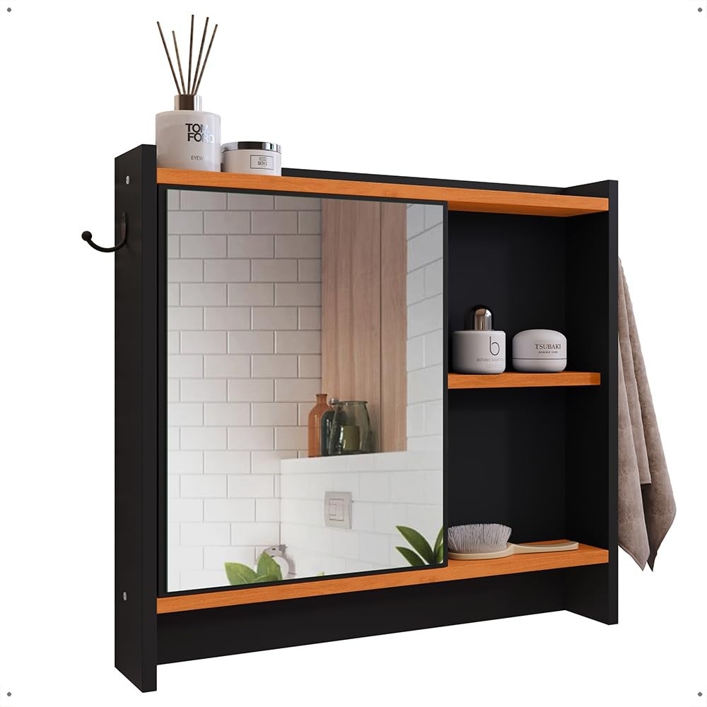 Armário com Espelho e Gancho para Toalhas no Banheiro Genova – Design Moderno Preto/Cinamomo