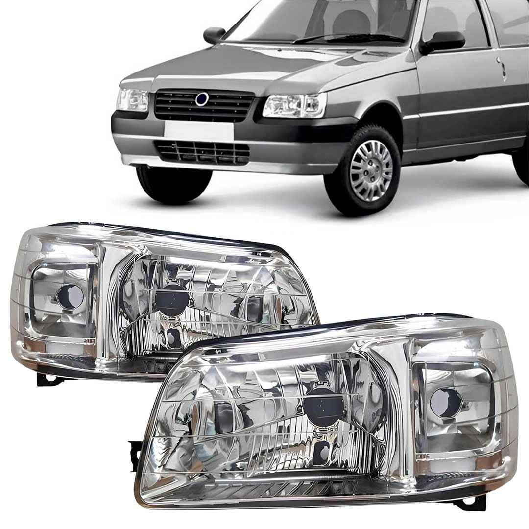 Par de Faróis Fiat Uno Mille Fire 04-13 Cromado - Direito e Esquerdo