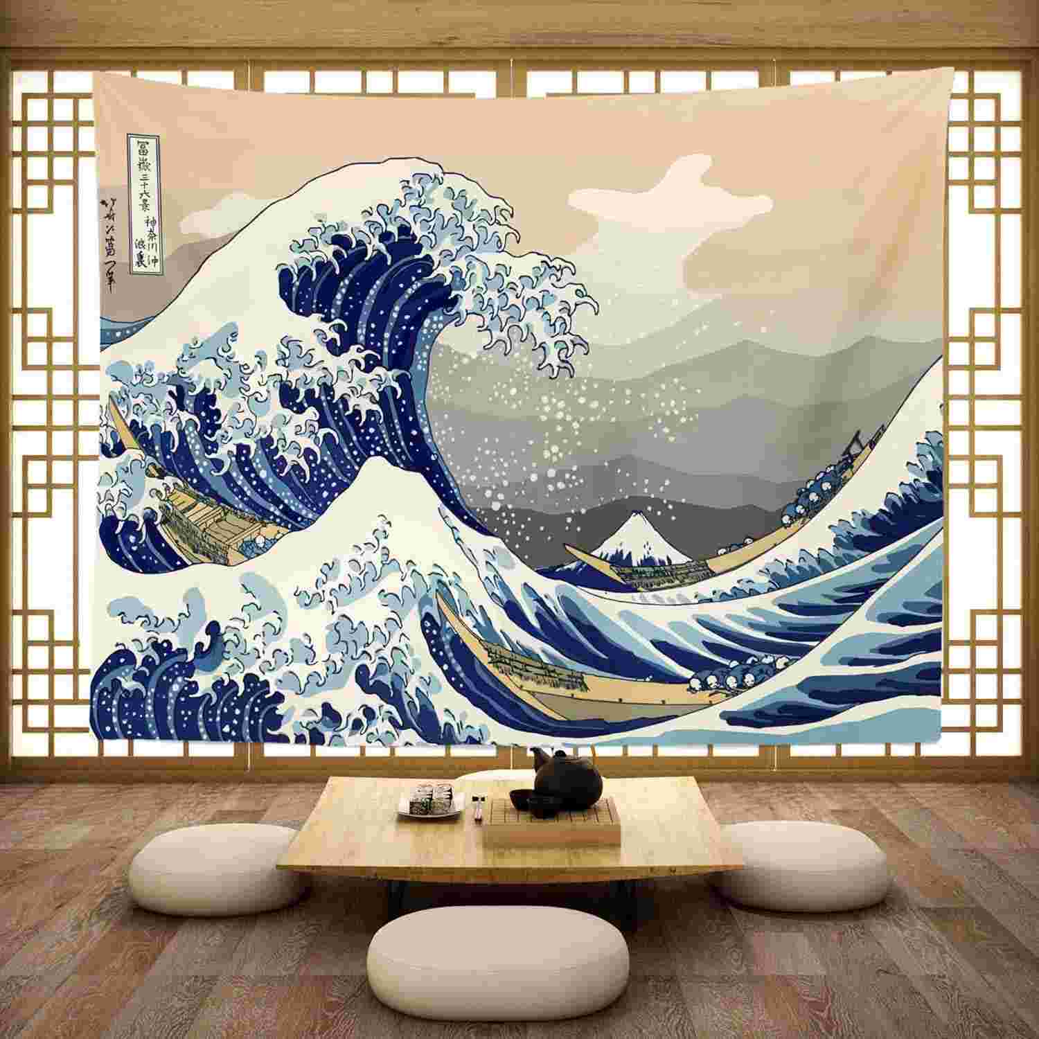 Tapeçaria Japonesa de Ondas Retro - 203x152cm - Estilo Kanagawa para Decoração de Quarto