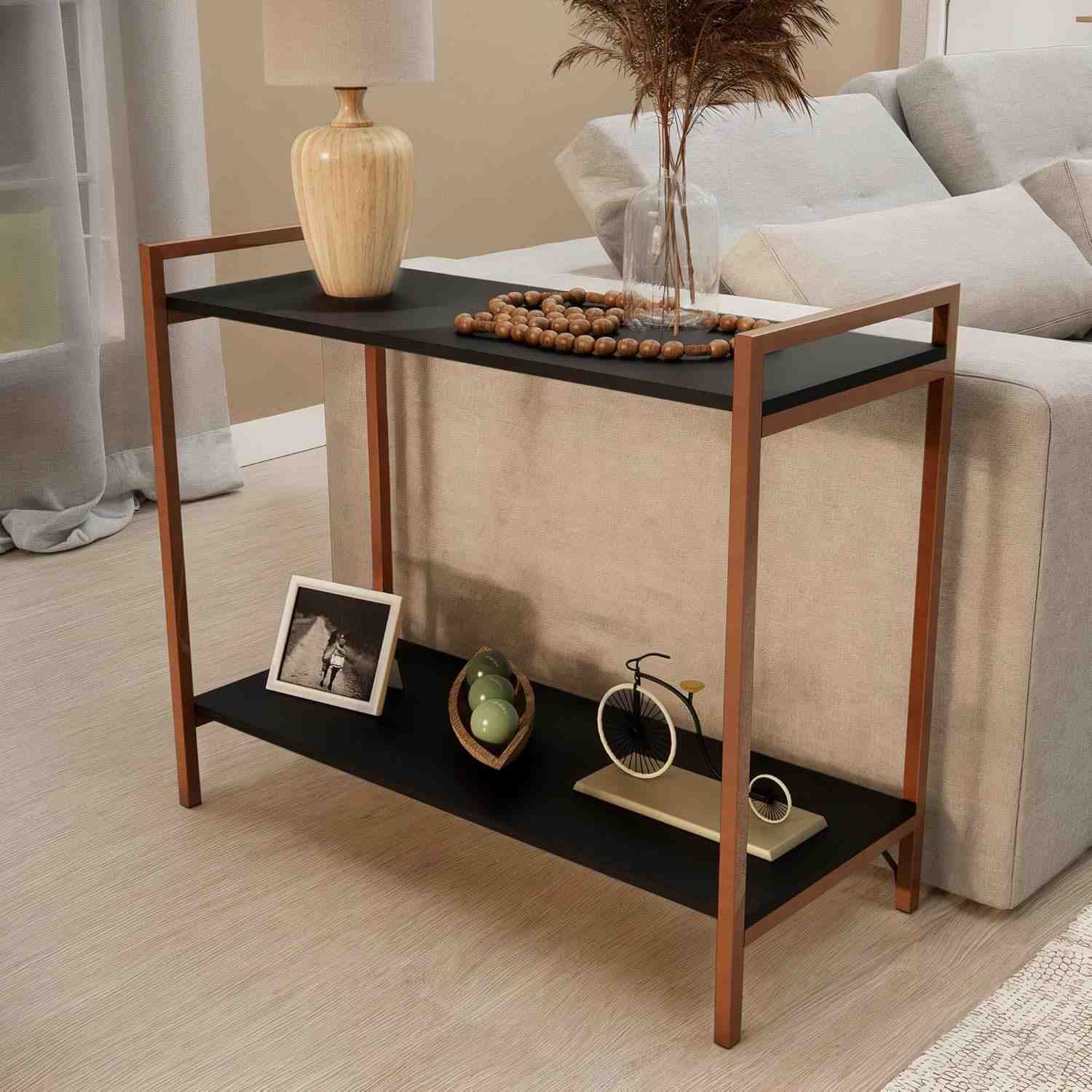 Balcão Aparador Moderno 80cm com Estrutura em Cobre e Tampo em Madeira - Ideal para Sala de Estar e Cozinha