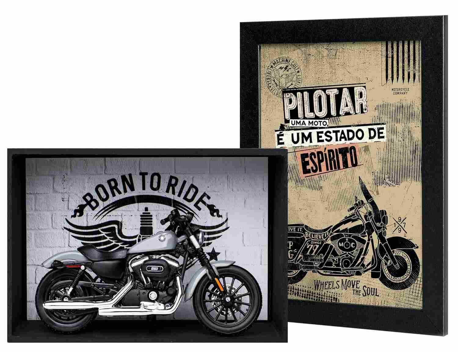Kit Presente Motociclista: Miniatura Harley-Davidson Oficial, Expositor e Quadro Exclusivo