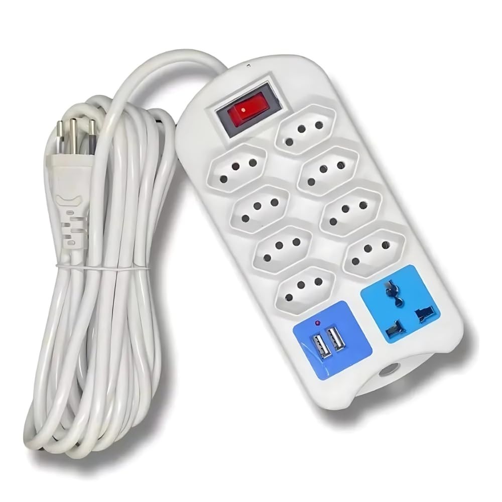 Extensão Régua de Energia 8 Tomadas + 2 USB 2m - Potência 2500W Branco