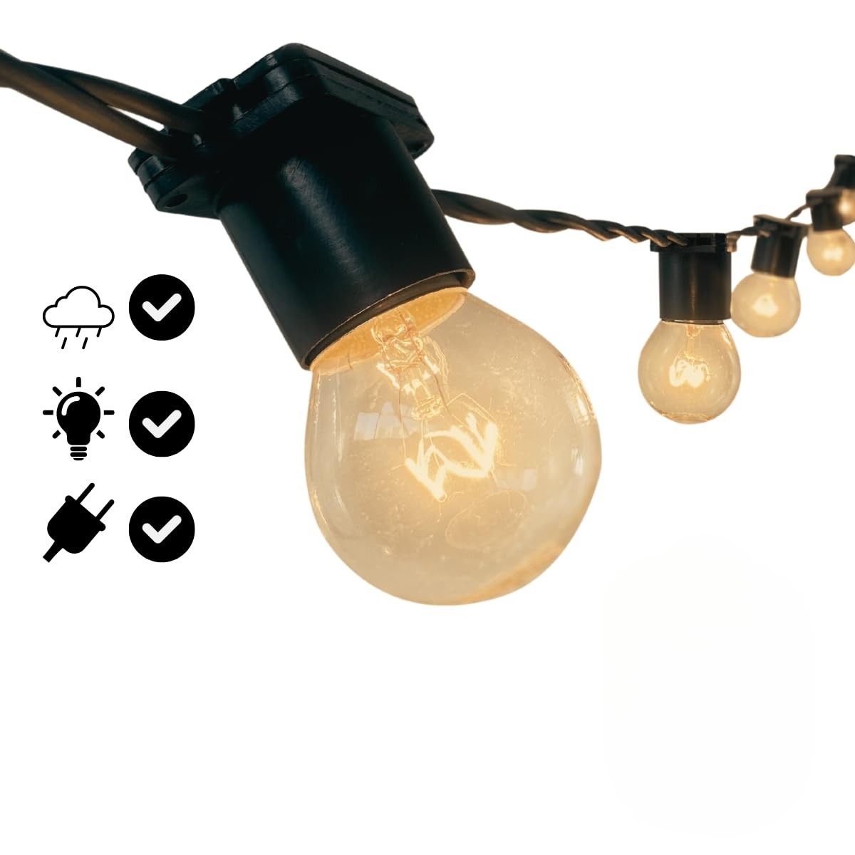 Varal de Luzes 10m Externo com Lâmpadas Amarelo Transparente - Iluminação Decorativa Resistente à Chuva (110V)