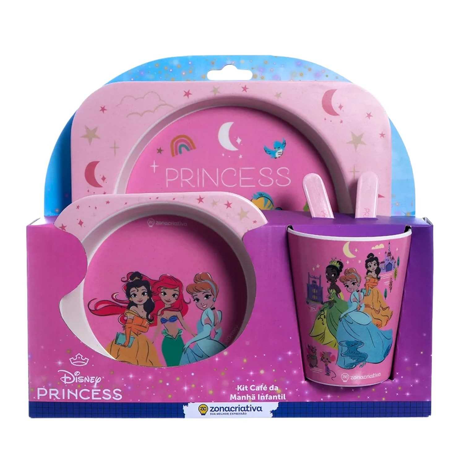 Kit Alimentação Infantil Princesas Disney - Prato, Bowl 350ml, Copo 250ml e Talheres em Fibra de Bambu