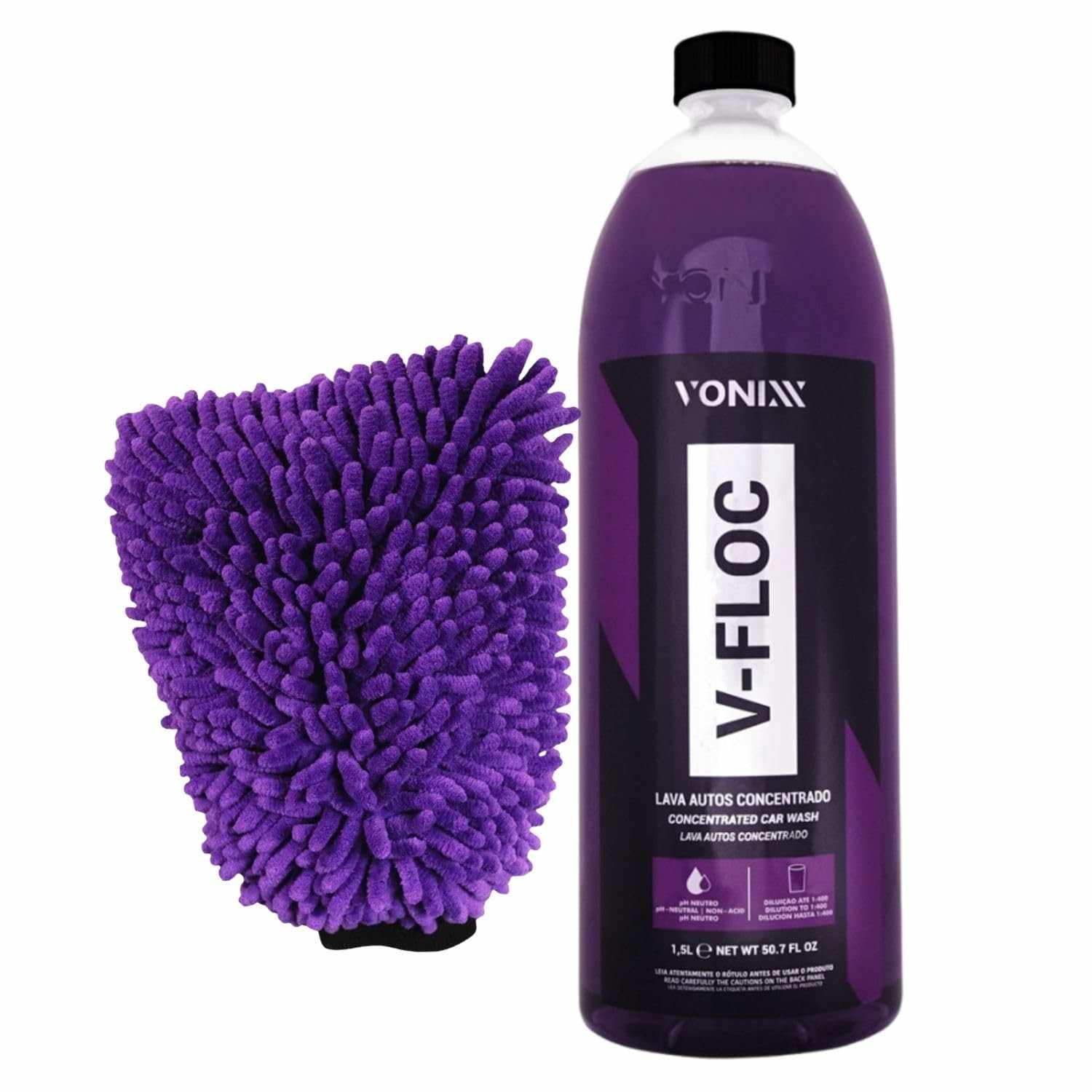 Kit Lavagem Automotiva Premium Vonixx: Shampoo V-Floc 1,5L + Luva Microfibra Roxa