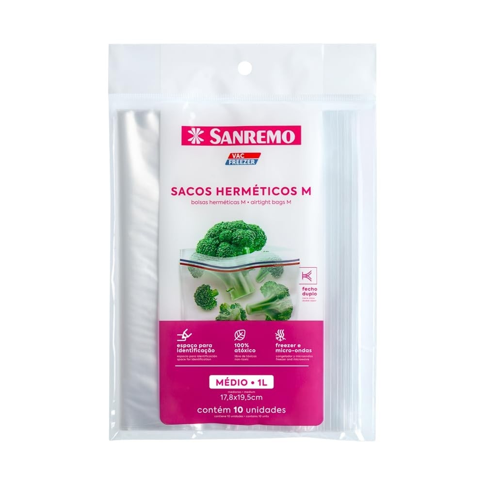 Sanremo Saco Plástico Hermético 1000ml com Fecho Duplo - Mantenha Alimentos Frescos por Mais Tempo