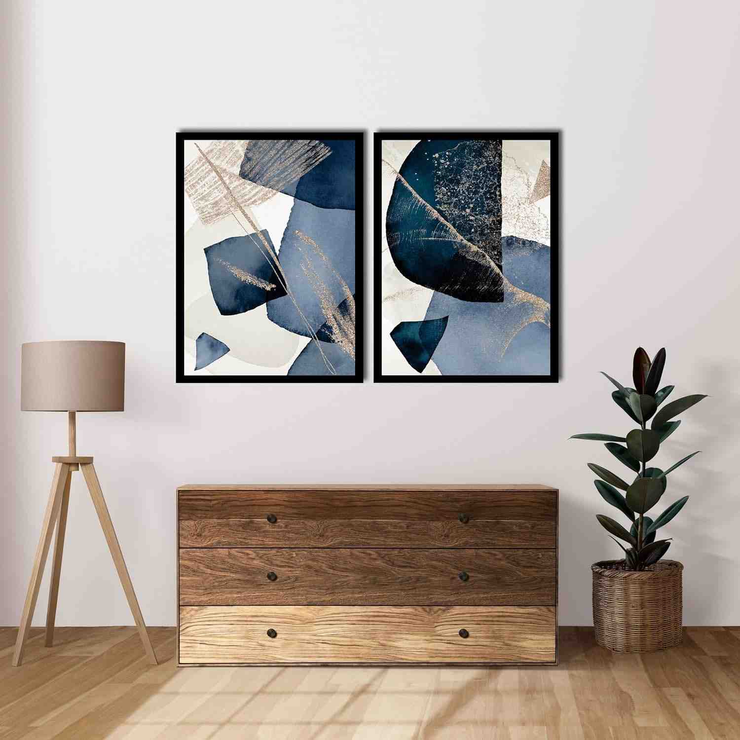 Dois Quadros Decorativos Abstrato Azul 90x60cm - Moldura Preta em Madeira Pinus FSC