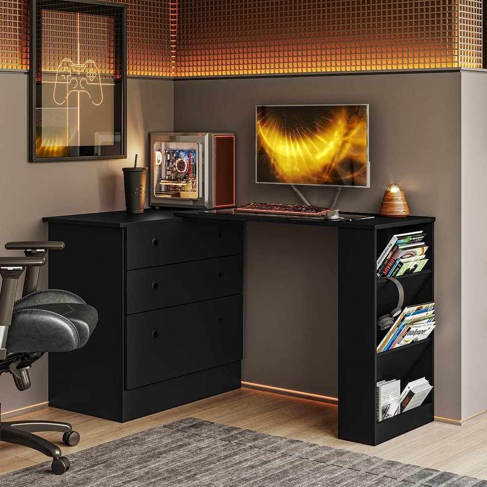 Cômoda com Mesa Giratória Gamer Preto Qmovi - Design Moderno e Funcionalidade para Jogadores