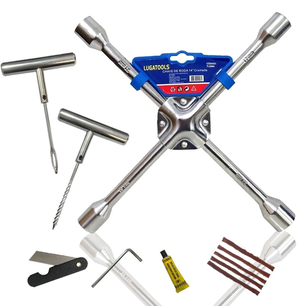 Kit Emergência Pneu Furado: Chave de Roda 14" 9 em 1 para Reparo Rápido