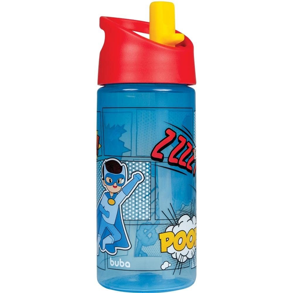 Garrafa Super-Heróis Azul Buba - Canudo Retrátil e Livre de BPA