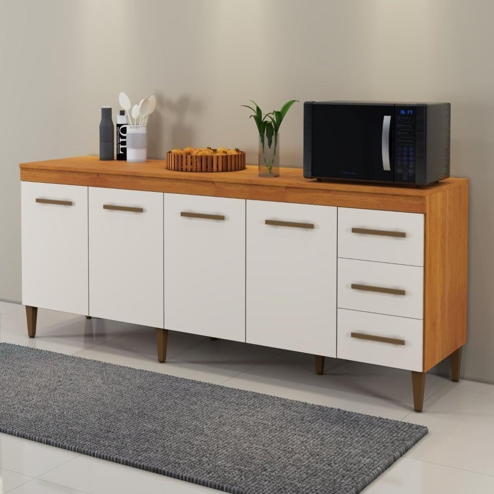 Balcão Atenas 4 Portas e 3 Gavetas Kaiki Móveis Nature/off White - Organização e Estilo para sua Cozinha
