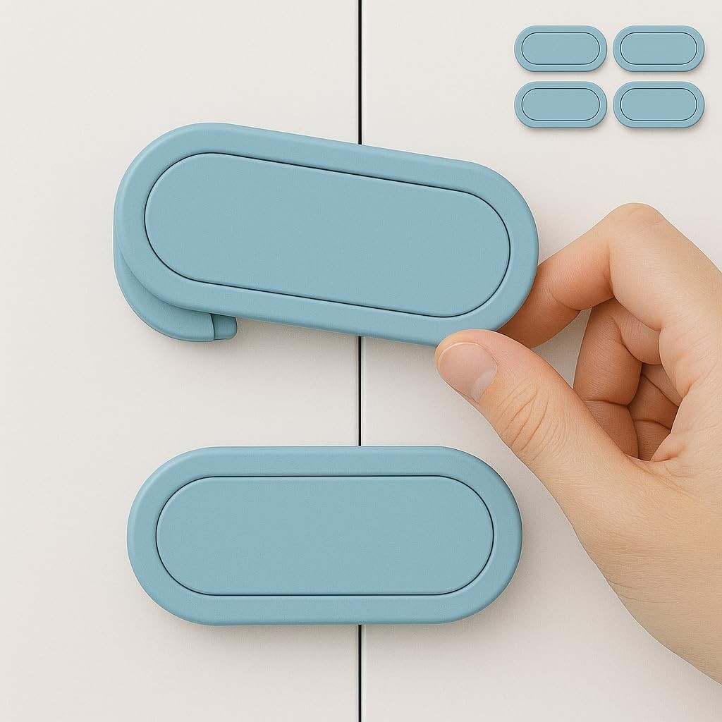 Kit com 4 Travas de Segurança Sem Furos para Portas e Gavetas Azul - Proteção Infantil e Pet