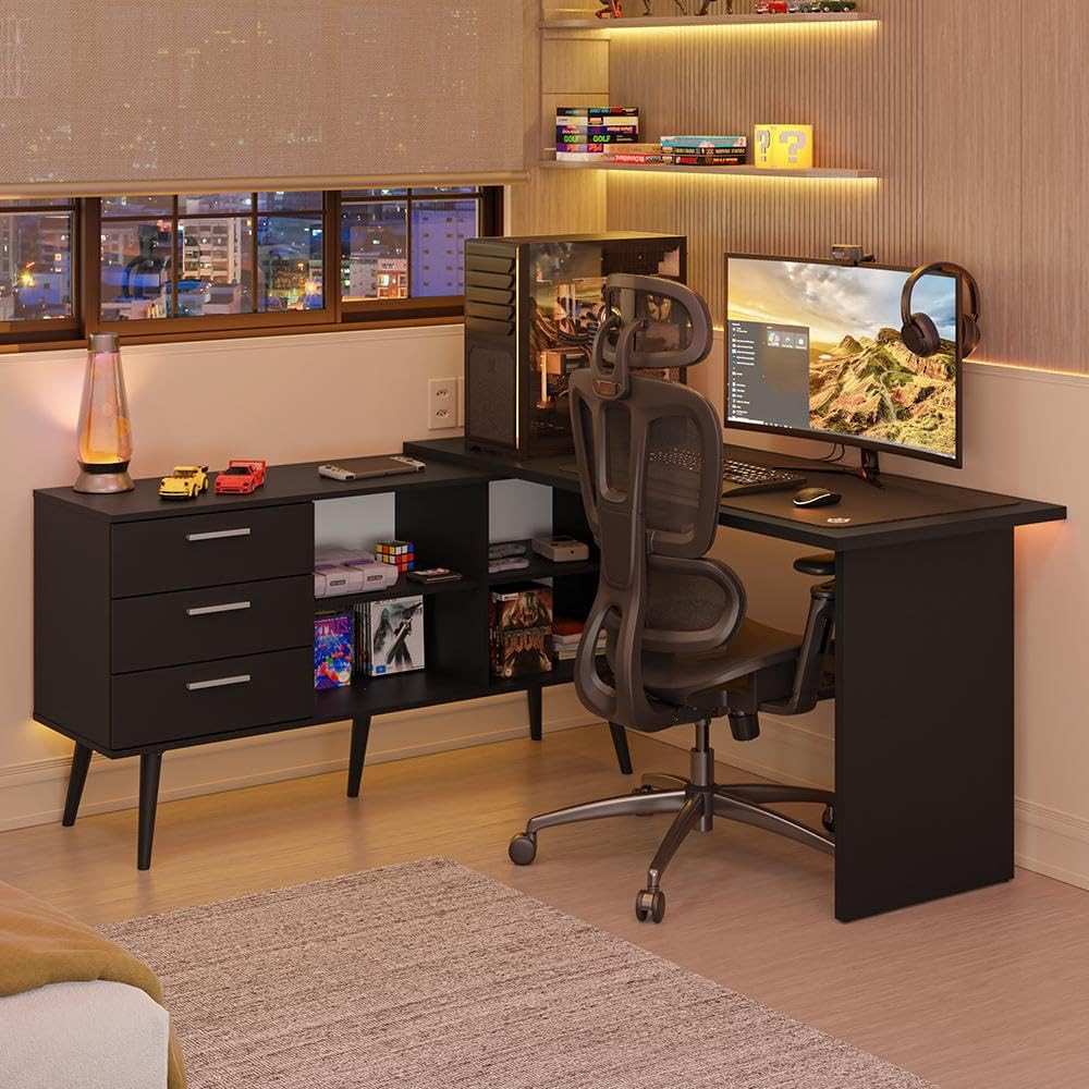 Escrivaninha Em L Mesa Gamer com 3 Gavetas - Design Moderno e Espaçoso para Home Office