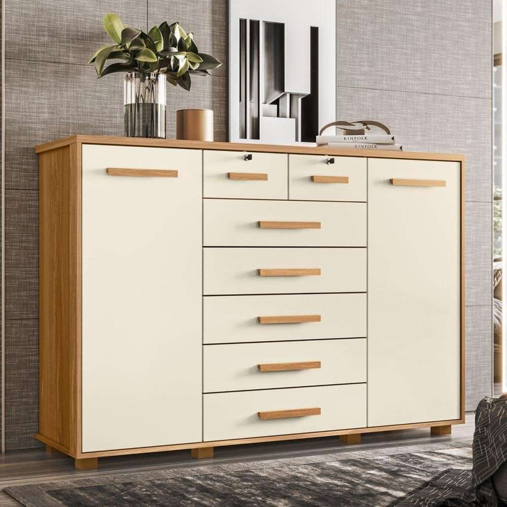 Cômoda 2 Portas 7 Gavetas Fontana Albatroz - Design Moderno em Carvalho Grife/off White