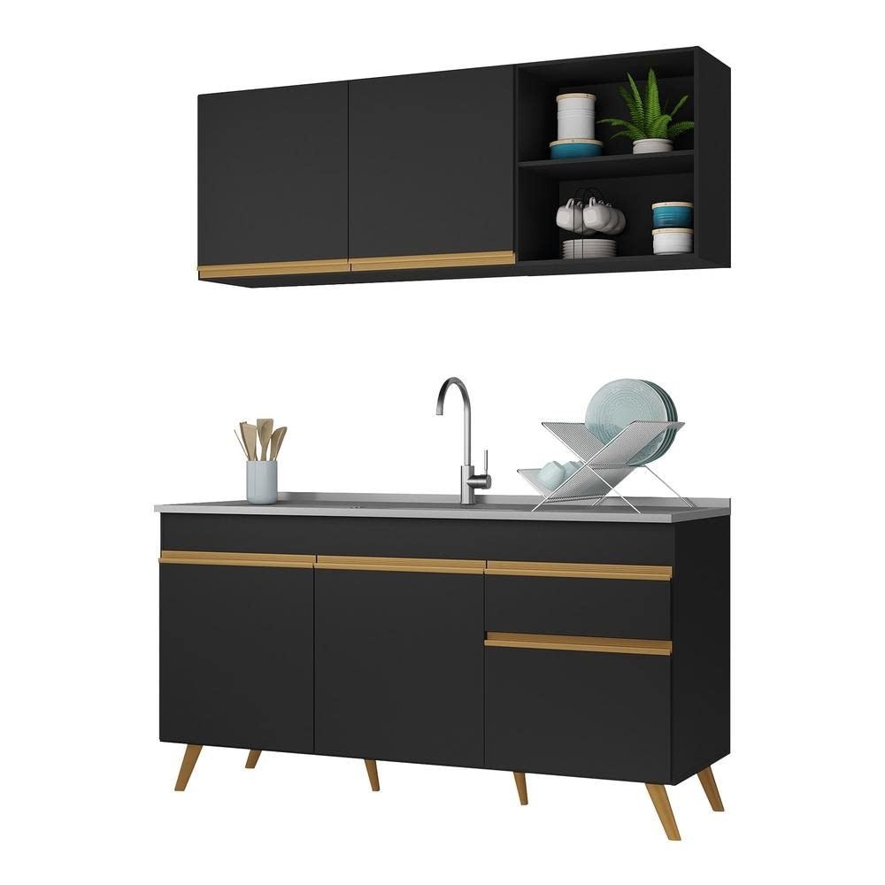 Cozinha Compacta Veneza Gb Multimóveis Mp2079 com Balcão e Armário Preta - Design Moderno e Funcionalidade