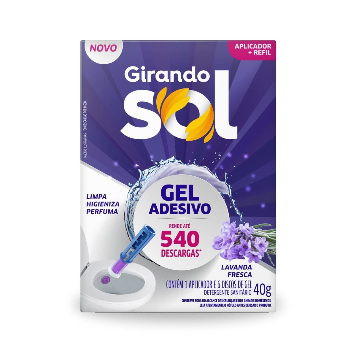 Gel Adesivo Sanitário Lavanda Fresca Girando Sol 40g - 3 em 1: Limpa, Higieniza e Perfuma com 6 Discos Rende até 540 Descargas