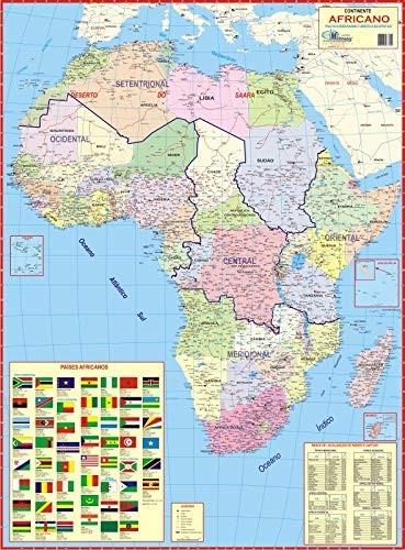 Mapa Geográfico Político da África Gigante - 89x117cm em Português