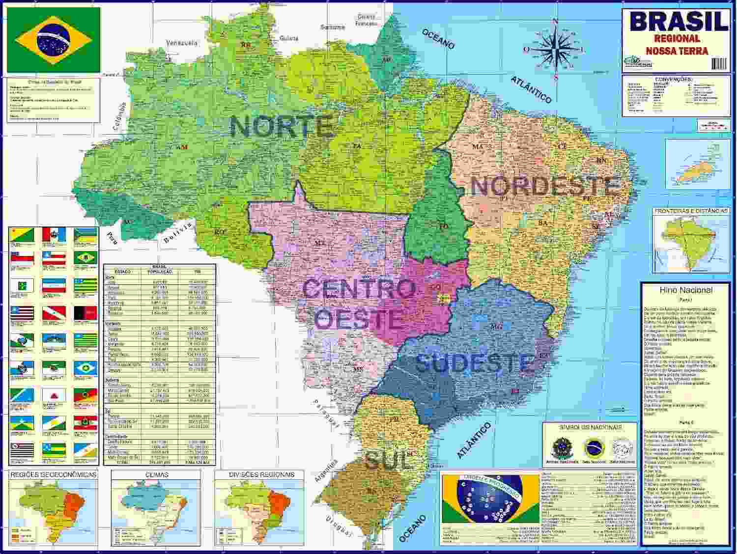 Mapa do Brasil Regional Gigante 117x89cm: Estudo e Decoração em Português