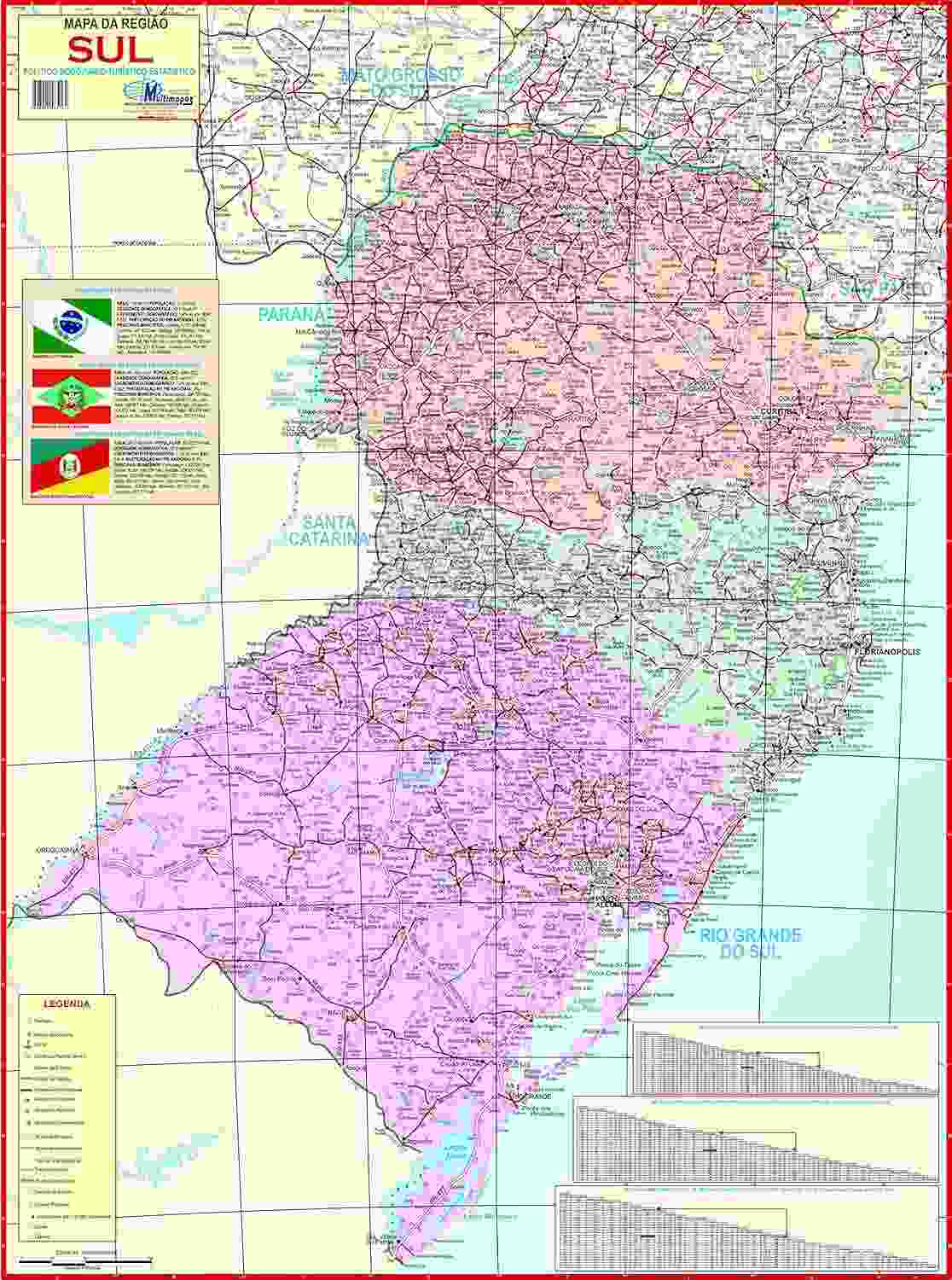 Mapa Político Gigante Região Sul do Brasil 117x89cm - Nomenclatura em Português