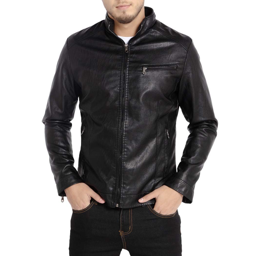 WULFUL Jaqueta masculina de couro com gola alta para motocicleta, leve, de couro sintético