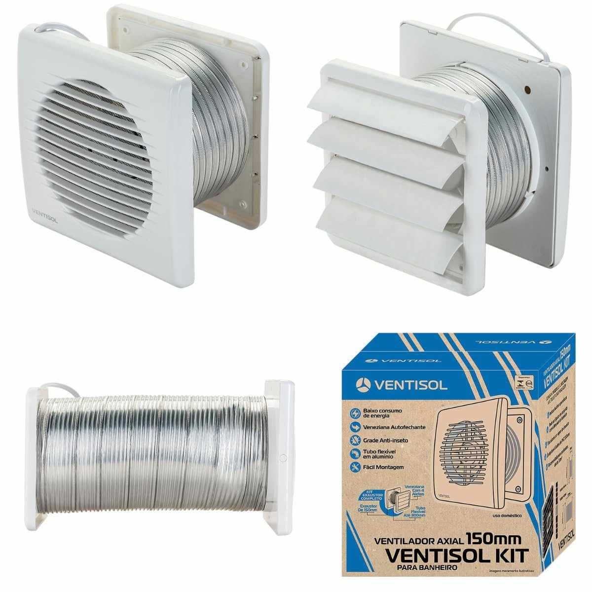 Kit Exaustor Banheiro Completo 150mm Bivolt com Duto e Grade contra Insetos