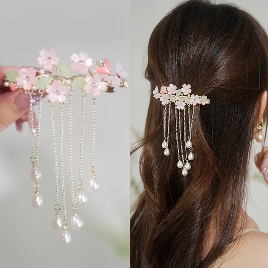 Grampo de Cabelo Fada Rosa com Borla e Pérola – Estilo Primavera