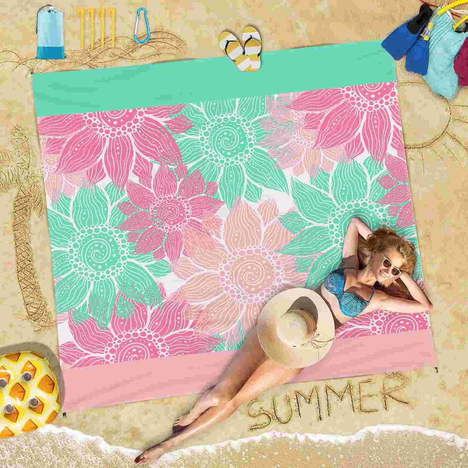 Cobertor de Praia Impermeável 198x203cm - Grande, à Prova de Areia, Multifuncional para Acampamento e Piquenique