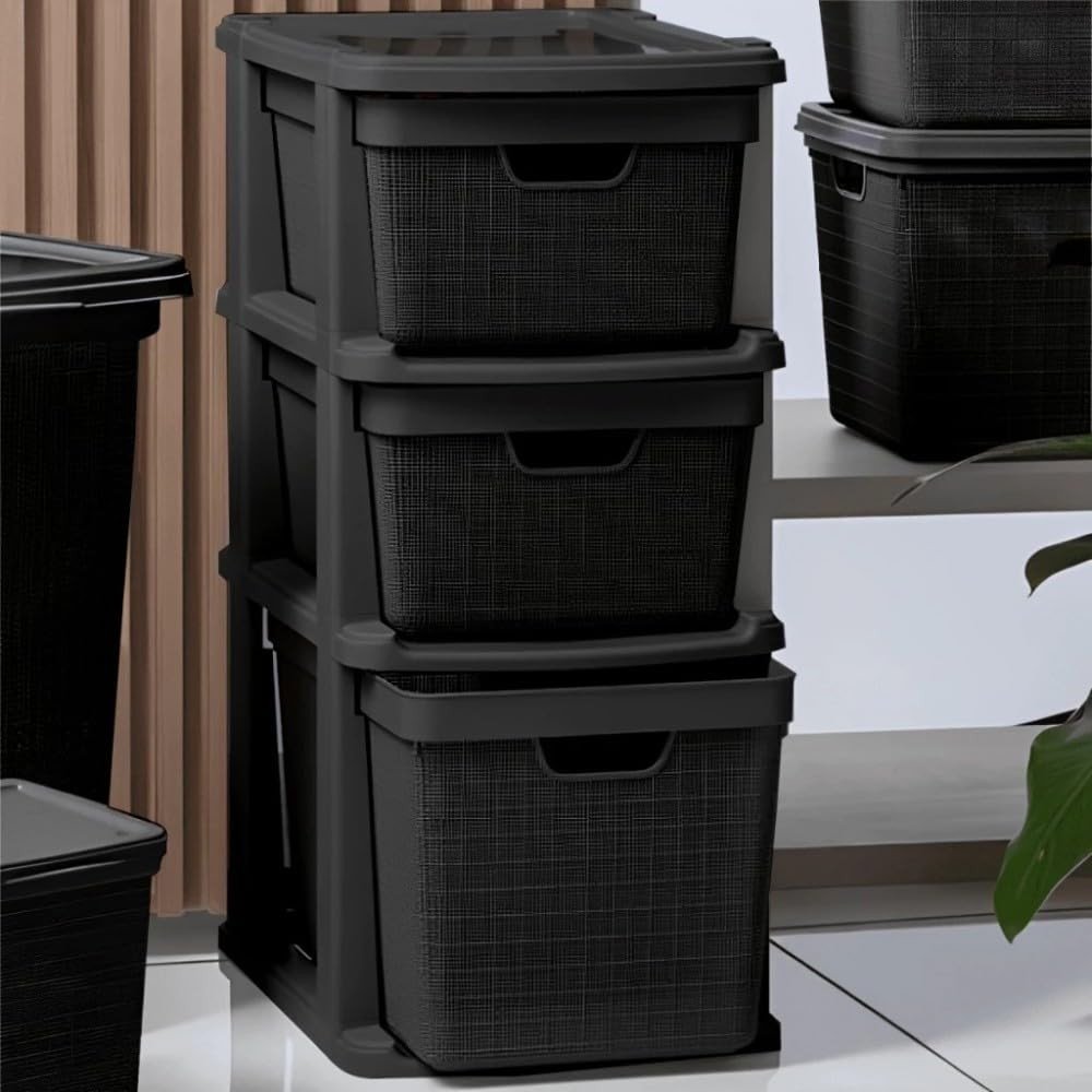 Gaveteiro Organizador Grande 3 Gavetas 15-15-22L em Plástico Resistente Juta RVS - Preto