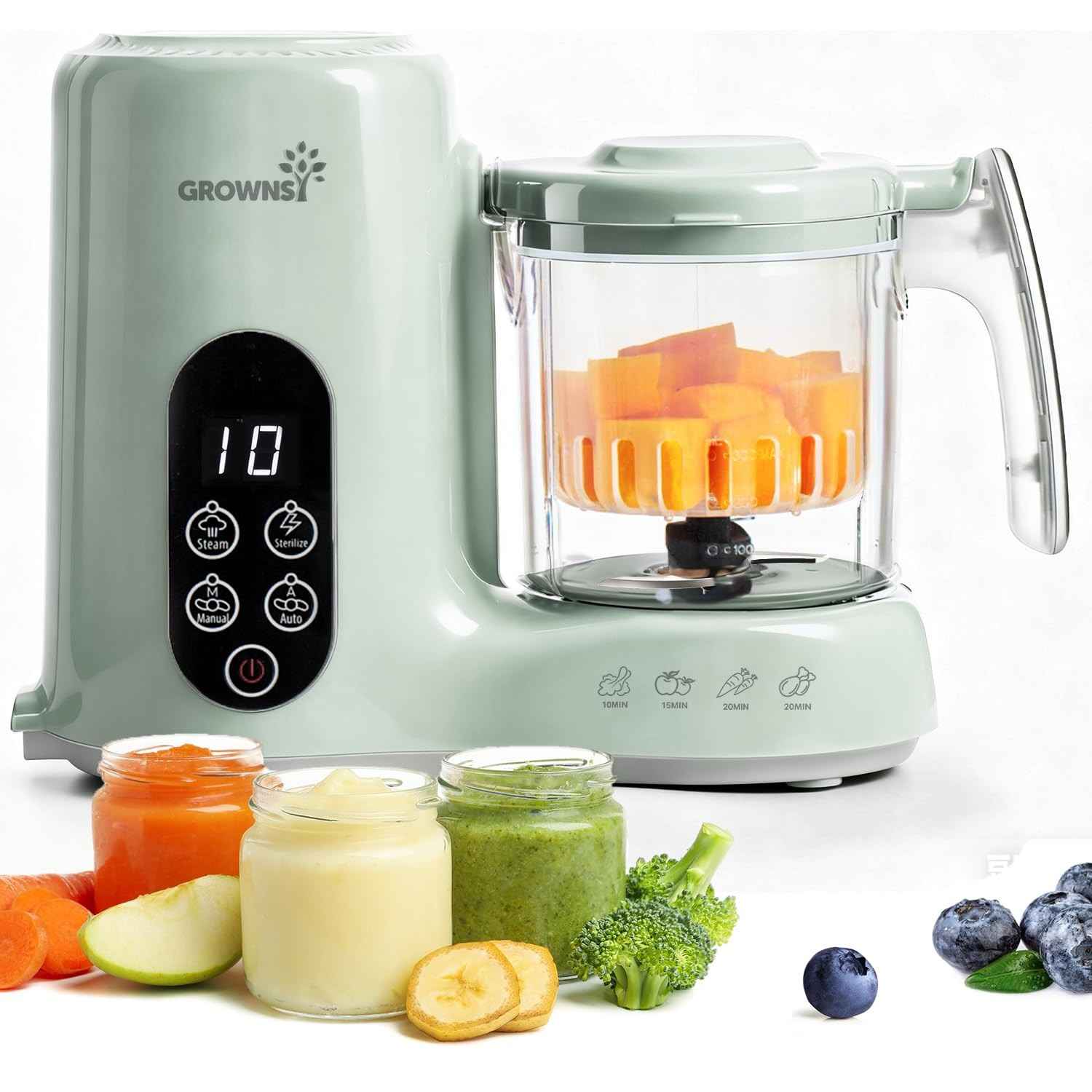 Grownsy Máquina de Alimentos para Bebês com Cesta a Vapor - Cozimento, Moagem e Esterilização em 1 Etapa