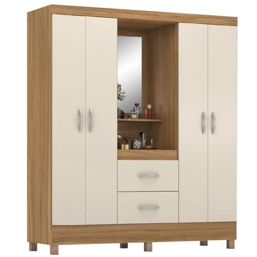 Guarda-Roupa Casal Capela 4 Portas com Espelho e 2 Gavetas – Amêndoa/Off White