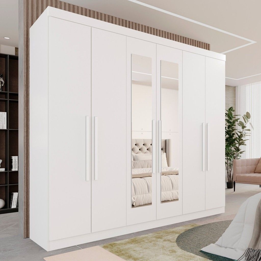Guarda-Roupa Casal Roma Branco com Espelho – 6 Portas e 3 Gavetas