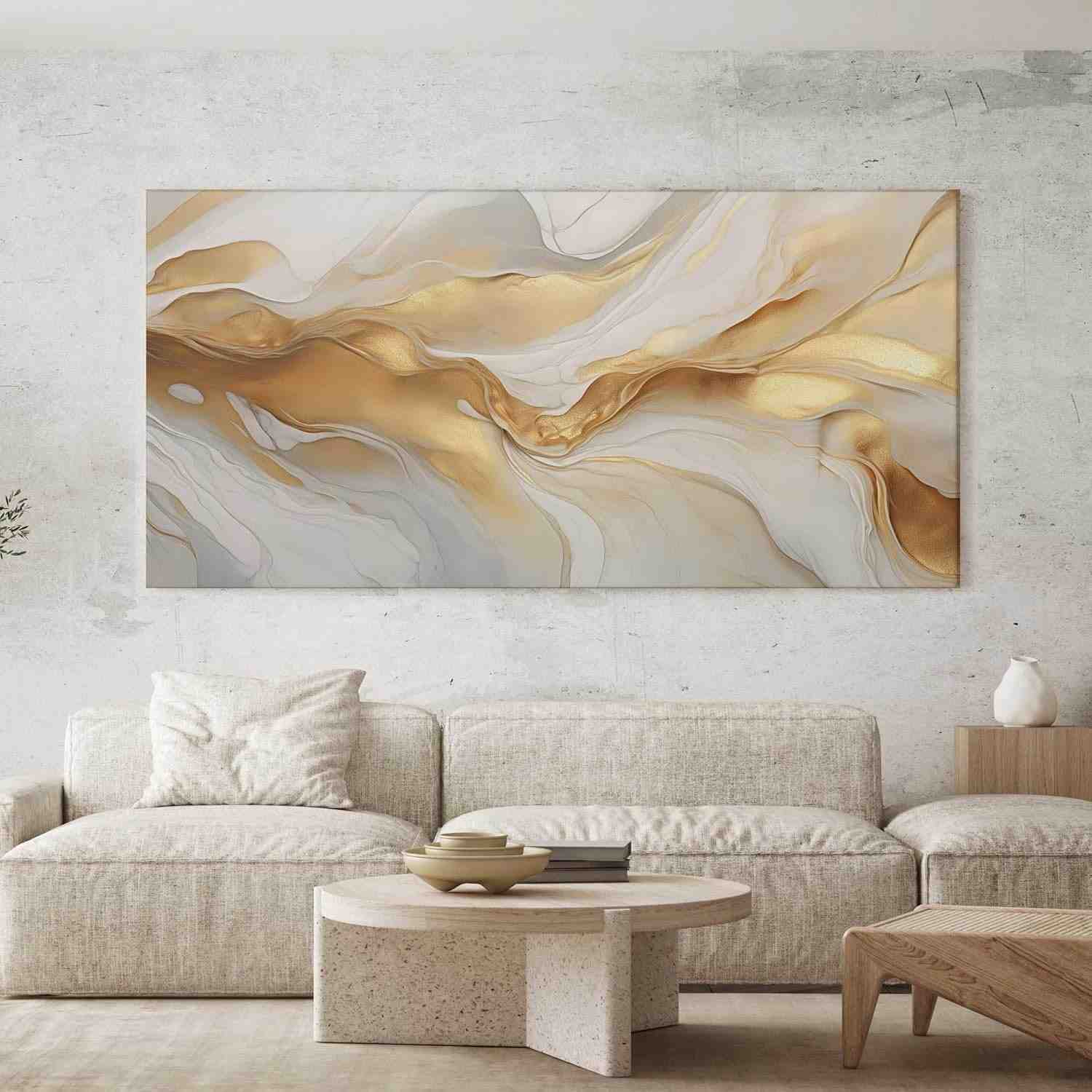 Quadro Decorativo Abstrato Dourado 100x70cm - Tela em Canvas para Sala, Quarto ou Hall