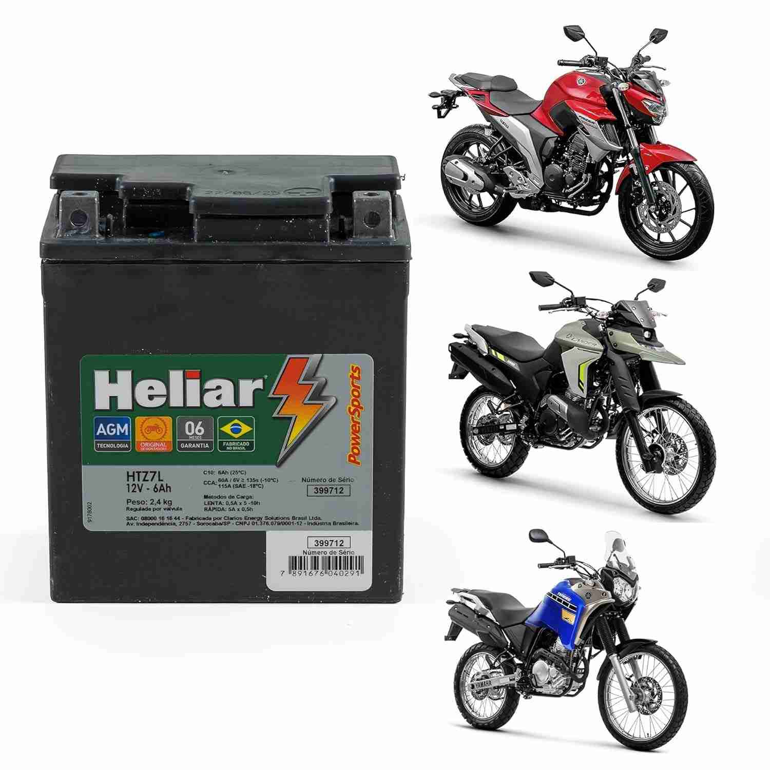 Bateria Heliar 12V 6Ah para Motos: XTZ, Lander, FZ25, XR Tornado, Twister, CB300, Falcon NX4